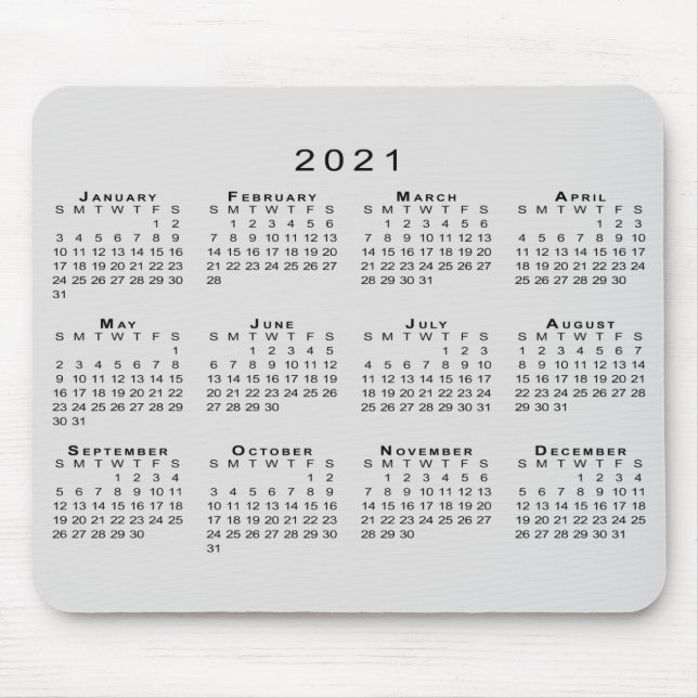Alfombrilla De Ratón Calendario 2021 Simple gris y negro (Frente)