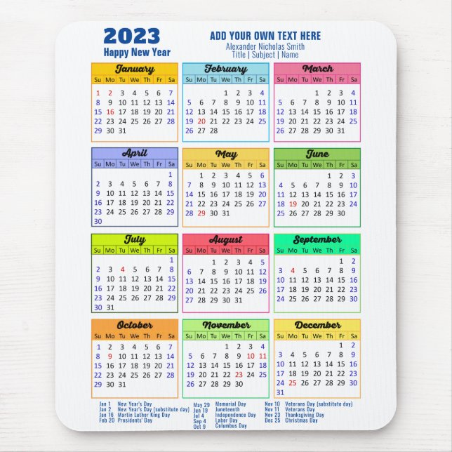Alfombrilla De Ratón Calendario 2023 con días festivos azul moderno (Frente)
