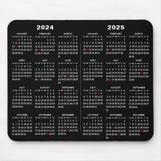 Alfombrilla De Ratón Calendario 2024 - 2025 Simple Negro con vacaciones (Frente)