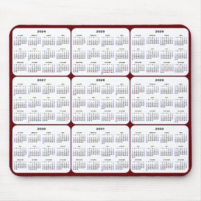 Alfombrilla De Ratón Calendario 2024-2032 con días festivos en Estados  (Frente)