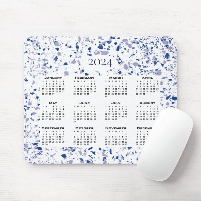 Alfombrilla De Ratón Calendario 2024 Azul Gris Blanco Terrazzo moderno (Con ratón)