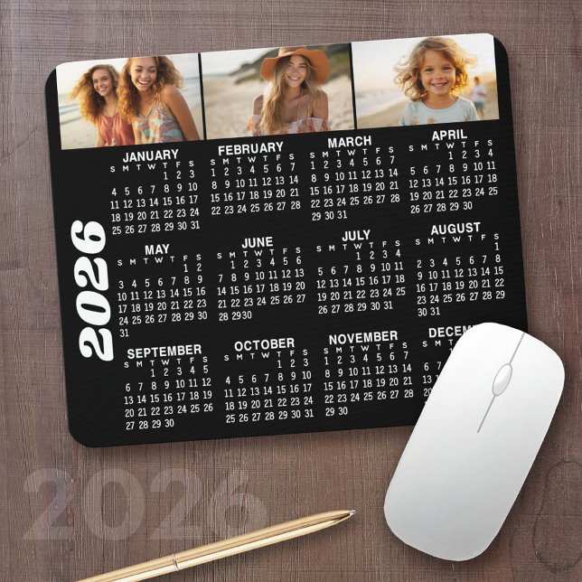 Alfombrilla De Ratón Calendario 2024 con 3 Collages de fotos - negro (2026 Calendar with your logo or photos - Great Business Gift or Home Office Decor)