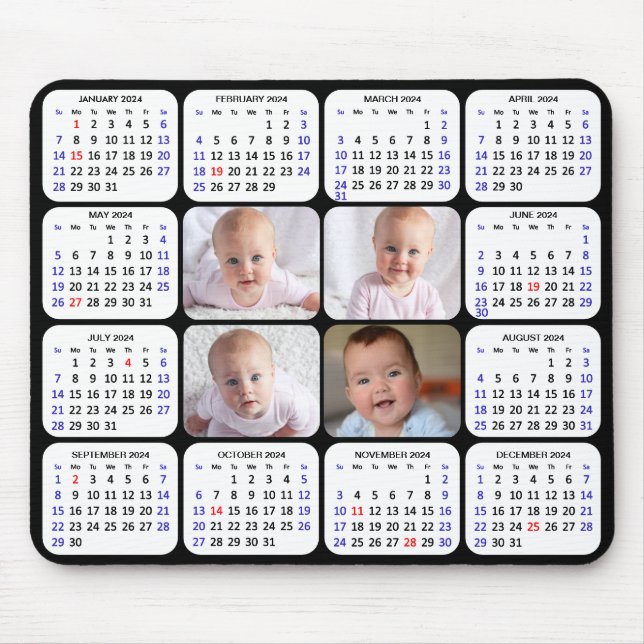 Alfombrilla De Ratón Calendario 2024 Modern Black 4 Family Photo Simple (Frente)