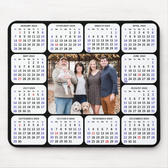 Alfombrilla De Ratón Calendario 2024 Modern Black 4 Family Photo Simple (Frente)