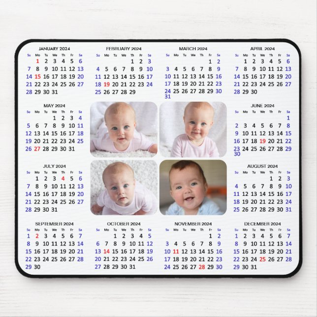 Alfombrilla De Ratón Calendario 2024 Modern Black 4 Family Photo Simple (Frente)