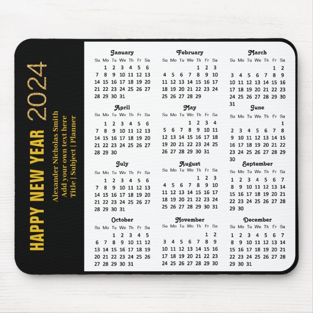 Alfombrilla De Ratón Calendario 2024 Modern Gold Script Negro Minimalis (Frente)
