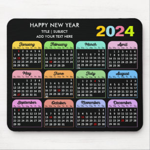 Alfombrilla De Ratón Calendario 2024 Personalizado negro moderno texto 