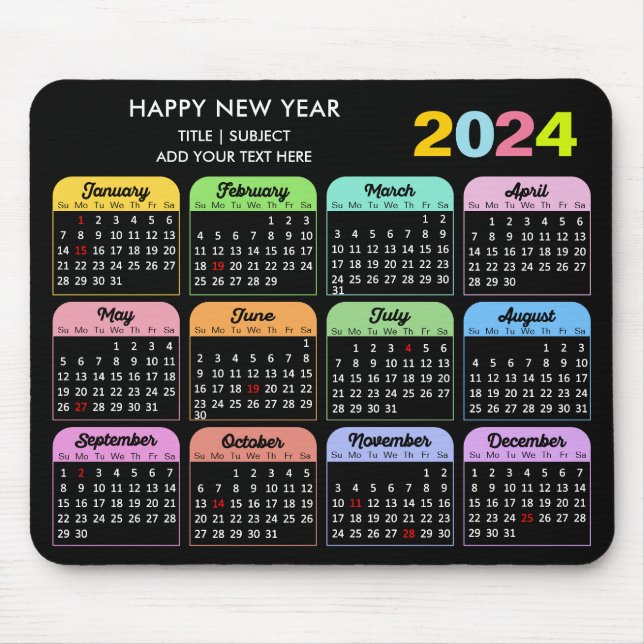 Alfombrilla De Ratón Calendario 2024 Personalizado negro moderno texto  (Frente)