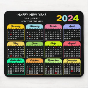 Alfombrilla De Ratón Calendario 2024 Personalizado negro moderno texto 