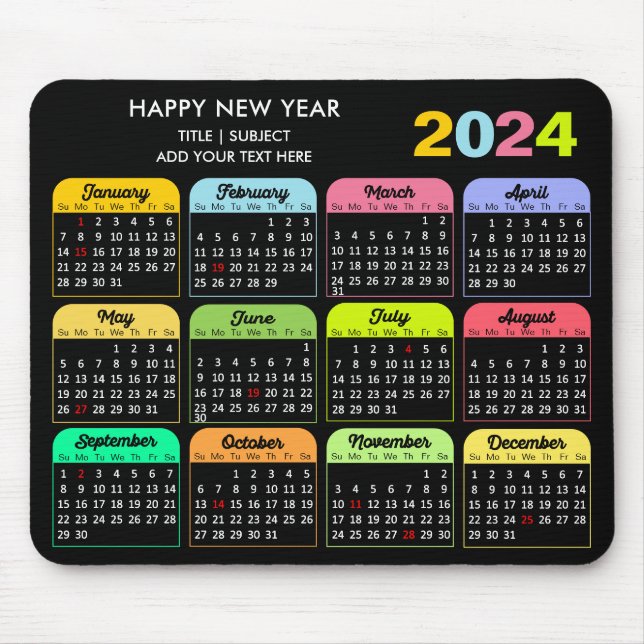 Alfombrilla De Ratón Calendario 2024 Personalizado negro moderno texto  (Frente)