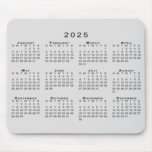 Alfombrilla De Ratón Calendario 2025 Simple gris y negro (Frente)