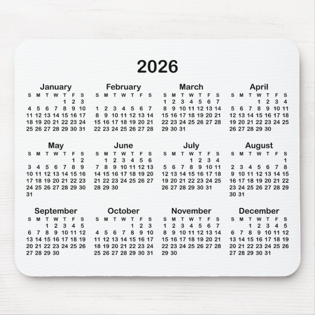 Alfombrilla De Ratón Calendario 2026 Blanco y Negro (Frente)