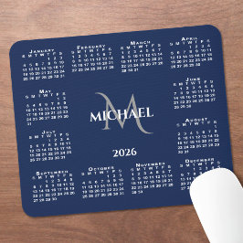 Alfombrilla De Ratón Calendario 2026 Chic Monograma Nombre en Azul Mari