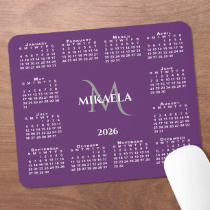 Alfombrilla De Ratón Calendario 2026 Chic Monograma Nombre en Morado