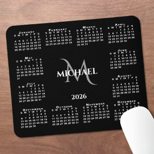 Alfombrilla De Ratón Calendario 2026 Chic Monograma Nombre en Negro