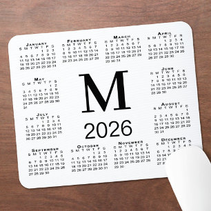 Alfombrilla De Ratón Calendario 2026 con Monograma Negro sobre Blanco