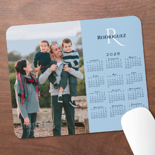 Alfombrilla De Ratón Calendario 2026 Foto Monograma Nombre Azul Claro