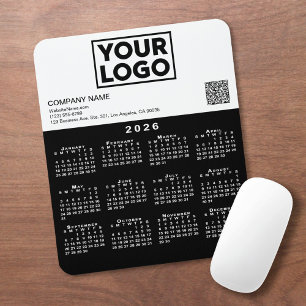 Alfombrilla De Ratón Calendario 2026 Logo de Negocio Código QR Negro Bl