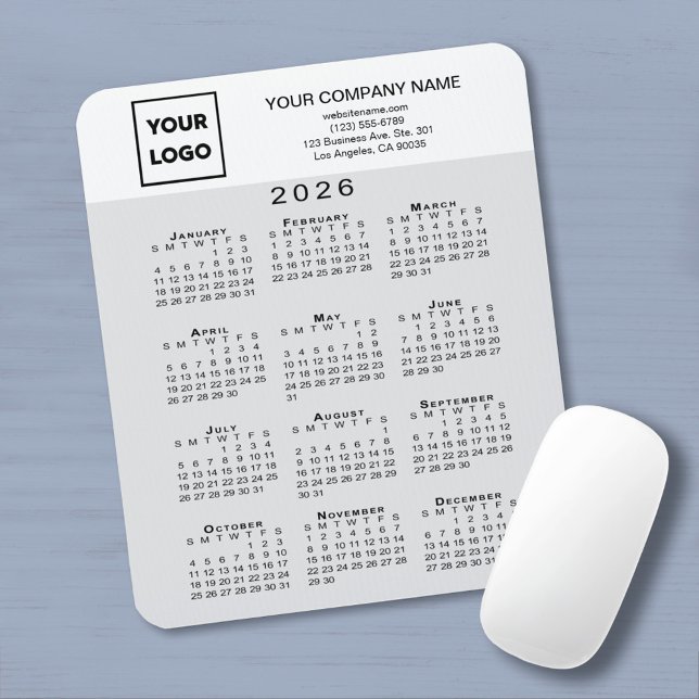 Alfombrilla De Ratón Calendario 2026 Logo Texto Gris Claro Blanco Negoc (2026 Calendar Business Logo Text Light Grey White Mouse Pad with mouse)