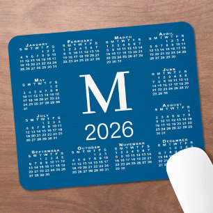 Alfombrilla De Ratón Calendario 2026 Monograma Azul y Blanco