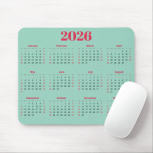 Alfombrilla De Ratón Calendario 2026 rojo y azul claro simple