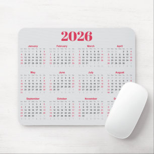 Alfombrilla De Ratón Calendario 2026 rojo y gris claro simple