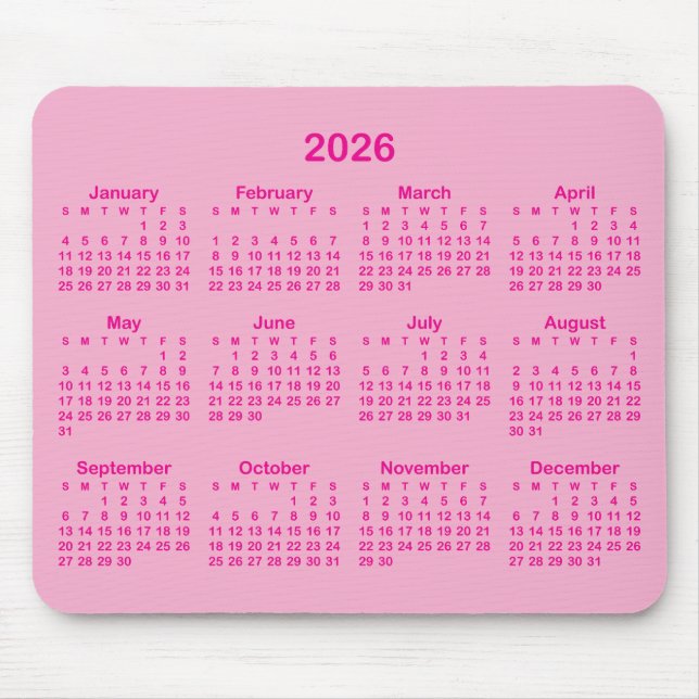 Alfombrilla De Ratón Calendario 2026 Rosa Claro y Brillante (Frente)