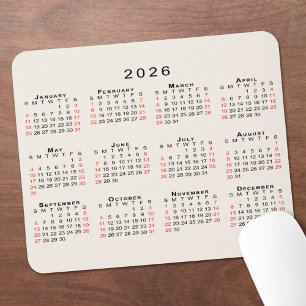 Alfombrilla De Ratón Calendario 2026 Simple Beige Negro Rojo