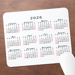 Alfombrilla De Ratón Calendario 2026 Simple Blanco Negro Rojo