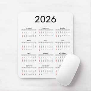 Alfombrilla De Ratón Calendario 2026 simple en negro y blanco