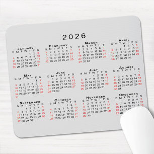 Alfombrilla De Ratón Calendario 2026 Simple Gris Negro Rojo