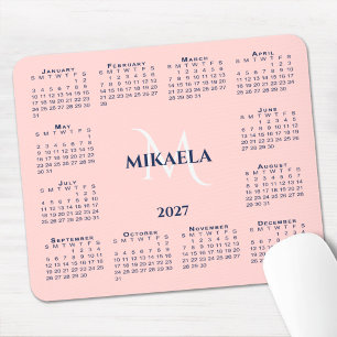 Alfombrilla De Ratón Calendario 2027 Chic Monograma Nombre Coral Rosa