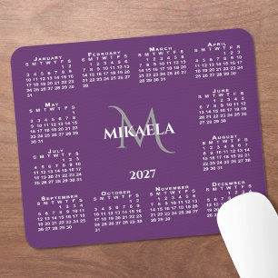 Alfombrilla De Ratón Calendario 2027 Chic Monograma Nombre en Morado