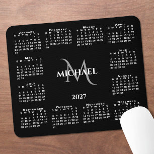 Alfombrilla De Ratón Calendario 2027 Chic Monograma Nombre en Negro
