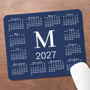 Alfombrilla De Ratón Calendario 2027 de Monograma Azul Marino y Blanco