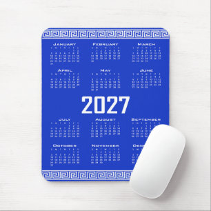 Alfombrilla De Ratón Calendario 2027, greca griega, blanco sobre azul g