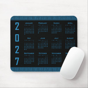 Alfombrilla De Ratón Calendario 2027, Griego Fret, Cosmos Azul sobre Ne