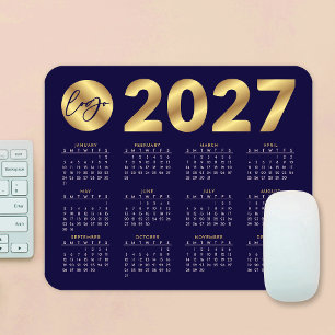 Alfombrilla De Ratón Calendario 2027 Logo Empresarial Azul Marino y Dor