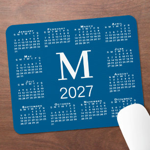 Alfombrilla De Ratón Calendario 2027 Monograma Azul y Blanco