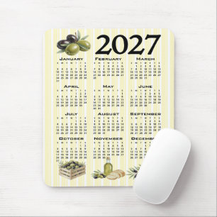 Alfombrilla De Ratón Calendario 2027, Olivas Mediterráneas Rayas Amaril