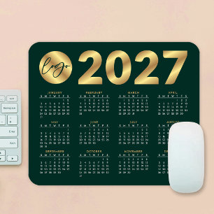 Alfombrilla De Ratón Calendario 2027 Verde Esmeralda y Dorado Logo Empr