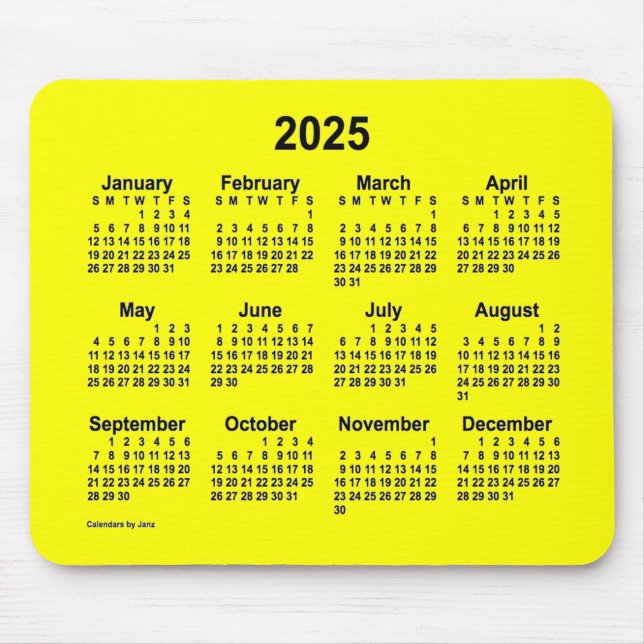 Alfombrilla De Ratón Calendario Amarillo 2025 por Janz Mouse Pad (Frente)