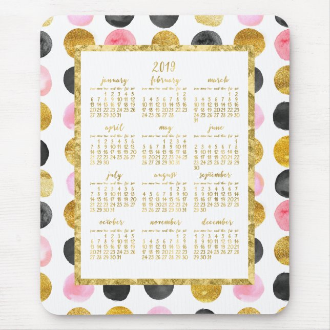 Alfombrilla De Ratón Calendario Anual 2019 Mousepads Pink And Gold Dots (Frente)