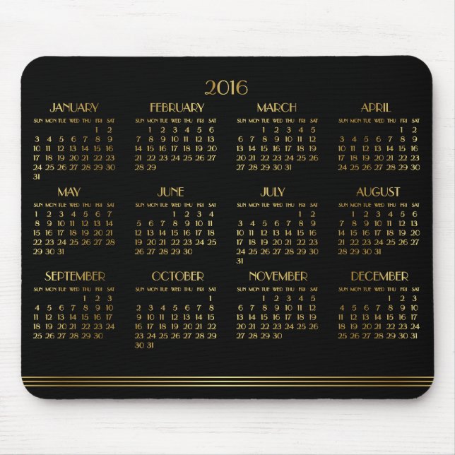 Alfombrilla De Ratón Calendario anual Gold Black Art Deco 2016 Mousepad (Frente)