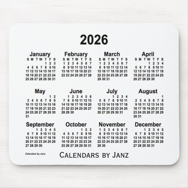 Alfombrilla De Ratón Calendario blanco 2026 de Janz Mouse Pad (Frente)