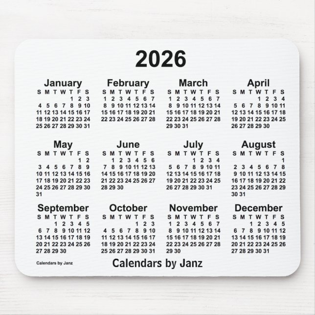 Alfombrilla De Ratón Calendario blanco 2026 de Janz Mouse Pad (Frente)