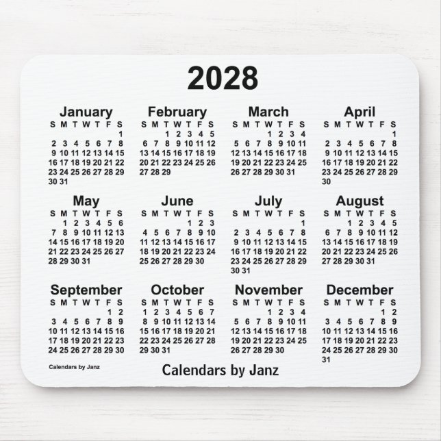 Alfombrilla De Ratón Calendario blanco 2028 de Janz Mouse Pad (Frente)