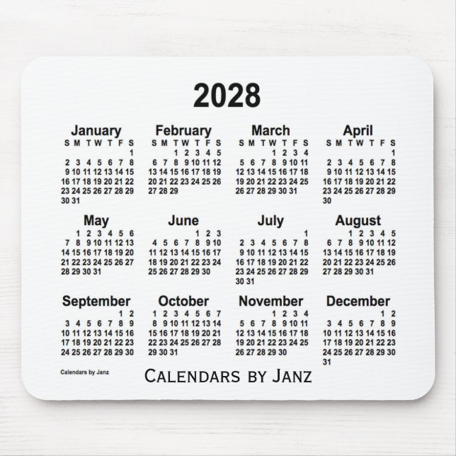 Alfombrilla De Ratón Calendario blanco 2028 de Janz Mouse Pad (Frente)