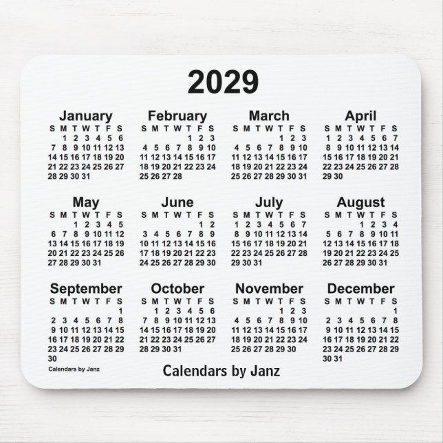 Alfombrilla De Ratón Calendario blanco 2029 por Janz Mouse Pad (Frente)