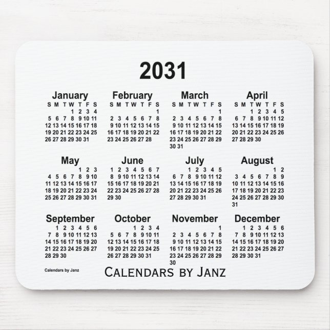 Alfombrilla De Ratón Calendario blanco 2031 de Janz Mouse Pad (Frente)